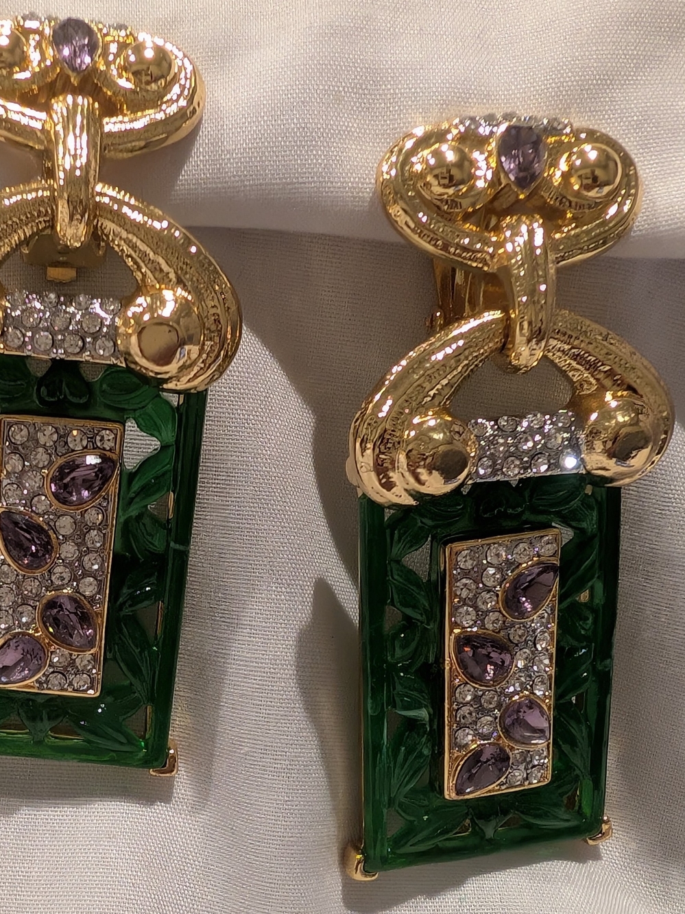 Catwalk Jon Gold-Tone Green Resin Drop Earrings with Purple Crystal Accents - Picture 7 of 7